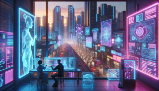 Lia and A.R.I.A. interface glowing in the lab