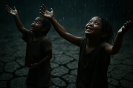 Primeiras gotas de chuva caindo sobre a terra sedenta enquanto os moradores celebram
