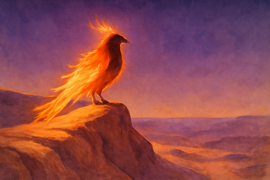 Un oiseau de feu éclatant perché sur un rocher au crépuscule.