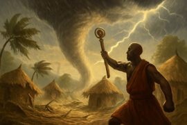 A tortoise chanting with a staff as storm winds tear branches from trees