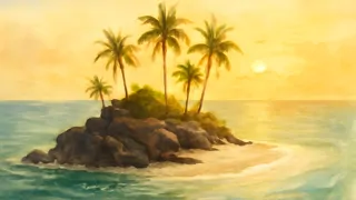 Der Sonnenaufgang bricht über der neu entstandenen Insel an, die von jungen Palmen und felsigen Vorsprüngen übersät ist.