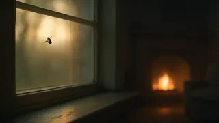 Uma mosca pousada no parapeito da janela ao entardecer.