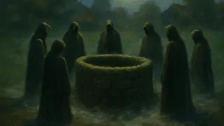 An old stone well bathed in moonlight as figures enact a ritual at its edge