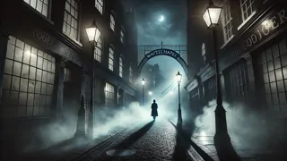 Nuit brumeuse à Whitechapel, avec une silhouette se fondant dans la brume.
