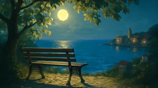 A couple meeting secretly by moonlight on a seaside bench