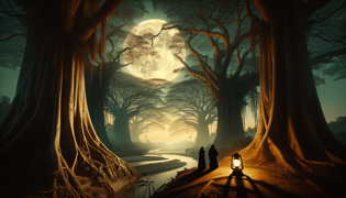 Moonlit riverbank where a princess and scribe share a hidden moment