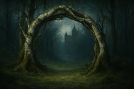 Arching gateway of twisted branches at the edge of the enchanted woods