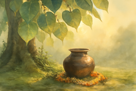 A great peepal tree in a quiet forest clearing with a copper pot nestled among its roots