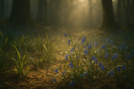 Sunlit spring forest floor with young saplings and blooming wildflowers