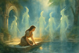 Leafy forest spirits forming silhouettes around a young woman approaching a hidden pool
