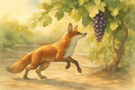 Un renard saute dans un vieux vignoble ensoleillé, en direction d'un grappe de raisins suspendue.