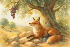 Un renard repose à l’ombre d’un olivier, sous une vigne chargée de grappes.