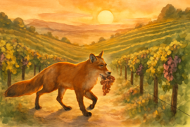 Un renard quitte la pente du vignoble alors que la lumière du soir illumine les grappes situées au-dessus.