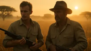 Francis Macomber and guide Robert Wilson with rifles at dawn on African savannah
