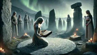 Freyja kneels in the stone circle at dusk, offering a bound book to the huldufólk under the glow of the northern lights.