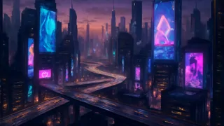 Une ville de gratte-ciel scintillants et de véhicules volants sous un ciel néon