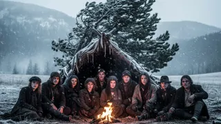 Die Ausgestoßenen von Poker Flat suchen Schutz um ein kleines Feuer, während ein Schneesturm in der Sierra sie umhüllt.
