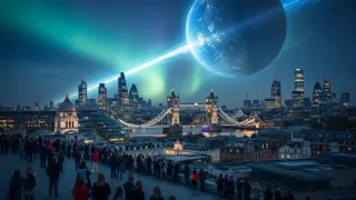 Un errante planeta azuláceo cruza veloz el horizonte de Londres mientras las multitudes observan asombradas y con miedo.