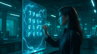 La doctora Elara Sinclair escribiendo las primeras líneas de la Ecuación de la Nada en un panel de cristal.