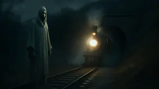 Ghostly silhouette of a signal-man beckoning as a midnight train barrels out of a dark tunnel.