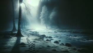 Footprints appearing in dew along a moonlit trail beside riverbank