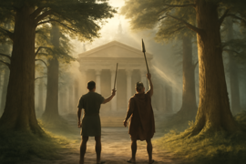 Gilgamesh and Enkidu entering the dense Cedar Forest with swords drawn