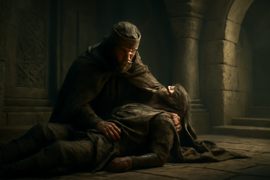 Gilgamesh mourning beside Enkidu’s lifeless body in a shadowy chamber