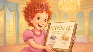 Fancy Nancy präsentiert auf einer eleganten Gala ein prächtiges Glossar-Buch, umgeben von funkelnder Dekoration.
