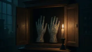 Une armoire en bois ornée, dévoilant des gants en argent runiques posés sur un velours cramoisi.