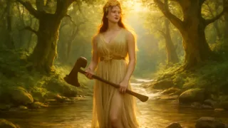 Déesse sortant du ruisseau pour présenter des haches
