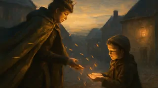 Glistening gold leaf floating from a statue to a child’s outstretched hands