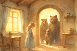 A Três Ursos enfrentando a Goldilocks na porta da sua aconchegante cabana.
