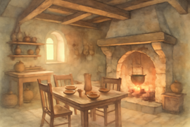 Interior de uma acolhedora cozinha de fazenda, com três tigelas de mingau sobre uma mesa de madeira