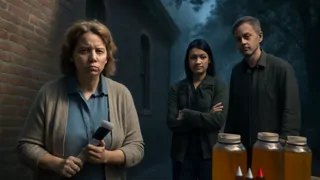 Vivian and Gordon confront Betsy Wilkes behind the town hall, paints and honey evidence at her feet.