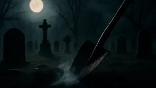 Spade hovering over a grave in a foggy night cemetery