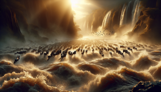 Wildebeest herds confronting turbulent river rapids under the watchful eyes of the spirit