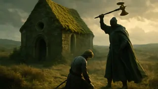 At the eerie Green Chapel, Sir Gawain kneels before the Green Knight who swings his axe.