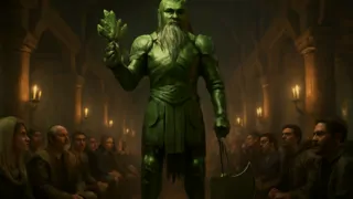 The Green Knight enters Camelot’s great hall, axe in hand, candlelight flickering across his emerald armor.
