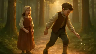 Hansel and Gretel walking along a narrow forest path strewn with pebbles under towering pines