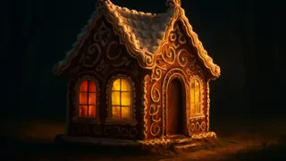 A gingerbread cottage decorated with candy and frosting stands invitingly in a shadowy part of the woods
