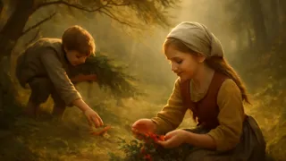 Hansel and Gretel gathering berries and mushrooms in a sunlit clearing surrounded by ancient oaks