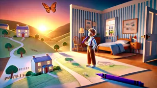 Harold regresando a su dormitorio hecho de papel con una crayola luminosa.