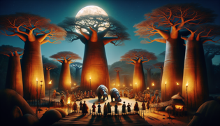 Villagers gathered under baobab trees at dusk as hippos emerge from the river to speak
