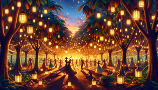 Villagers celebrating a bountiful cocoa harvest under lantern-lit trees