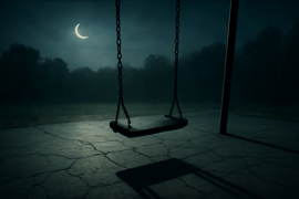 Rusty playground swing moving on its own in moonlight