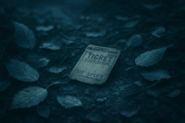 Yellowed carnival ticket stub half-buried in dirt