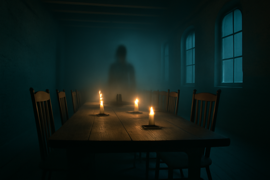 Empty table lit by candle with a faint silhouette in the background