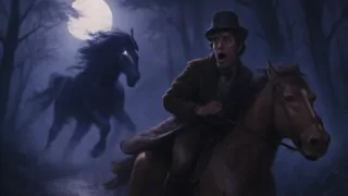 Headless Horseman chasing schoolmaster through misty woods under moonlight
