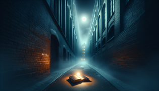 A dark alleyway lit by a single flickering lamp revealing a secret journal