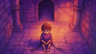 Pale child in a dark damp room beneath Omelas palace